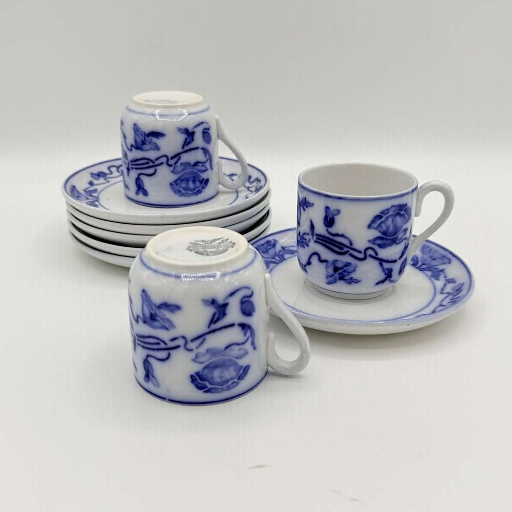 Antique Villeroy & Boch Dresden Blue Demitasse‎ Cups Saucers Porcelain Germany